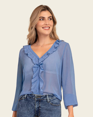 Blusa manga larga con transferencia y boleros#color_c39-azul