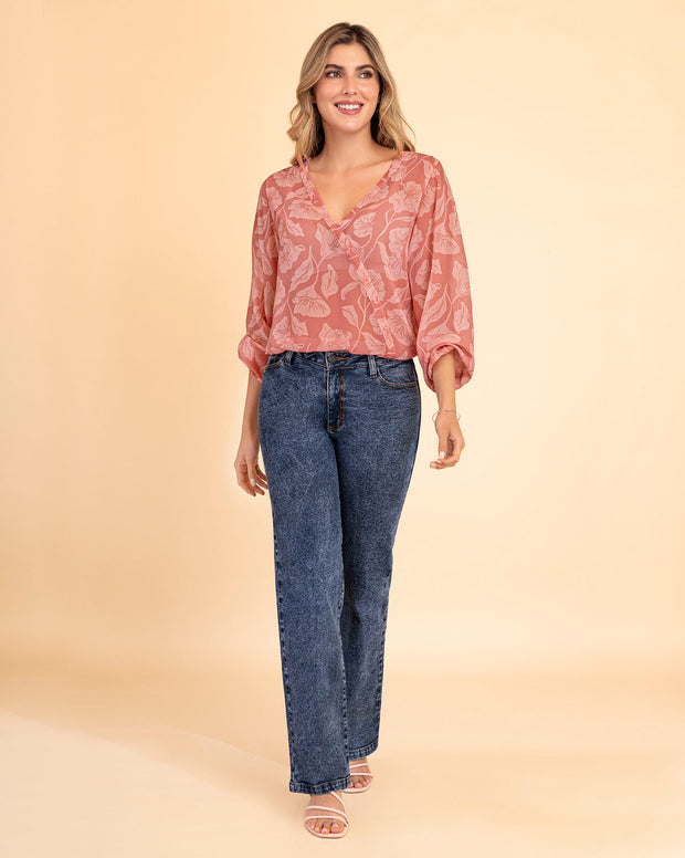 Blusa manga larga estampada con elástico en puños