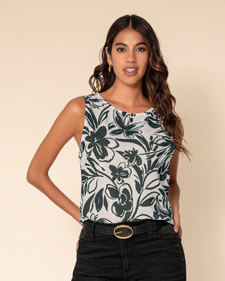 Blusa manga sisa estampada de cuello redondo alto#color_001-marfil-estampado