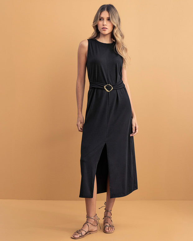 Vestido midi con argolla decorativa y abertura en frente