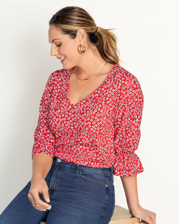Blusa estampada con elástico recogido para mangas tipo globo