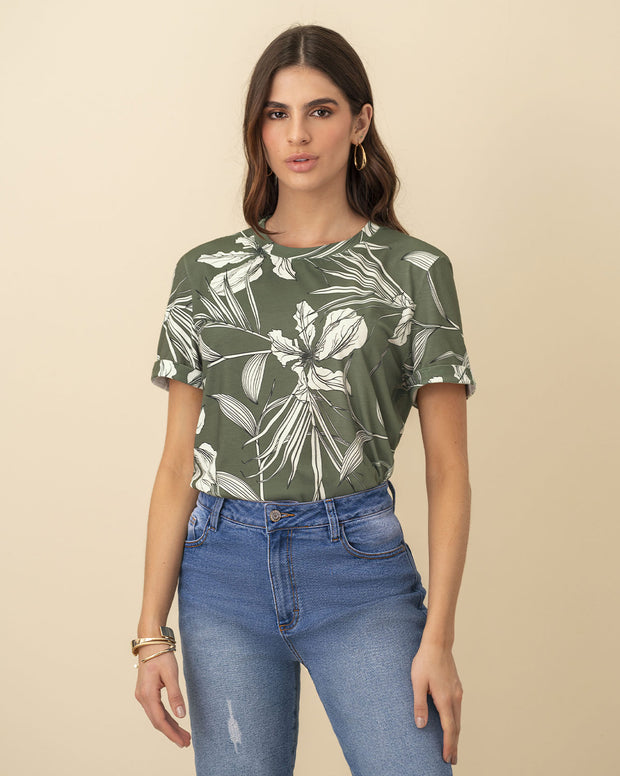 Camiseta manga corta estampada con dobladillo en manga