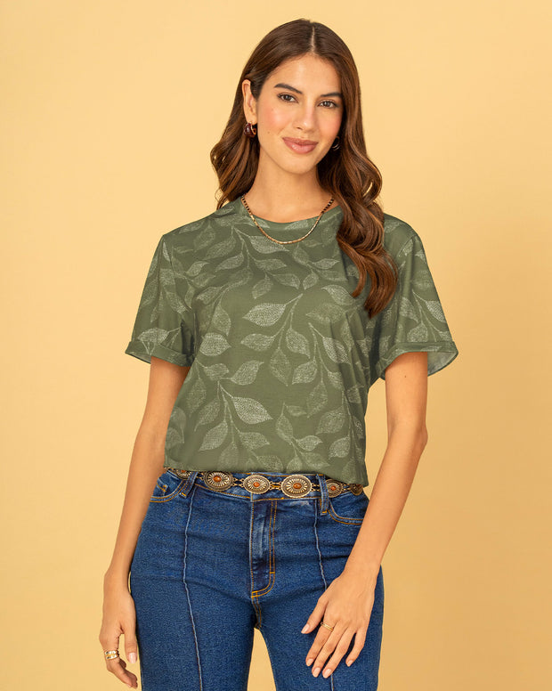 Camiseta manga corta estampada con dobladillo en manga
