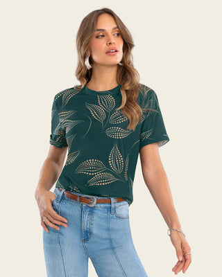Camiseta manga corta estampada con dobladillo en manga#color_145-verde-hojas