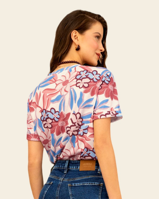 Camiseta manga corta estampada con dobladillo en manga