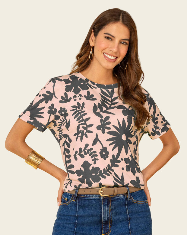 Camiseta manga corta estampada con dobladillo en manga