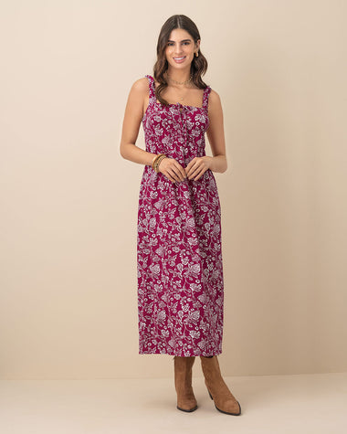 Vestido largo estampado de escote cuadrado#color_145-fucsia-estampado