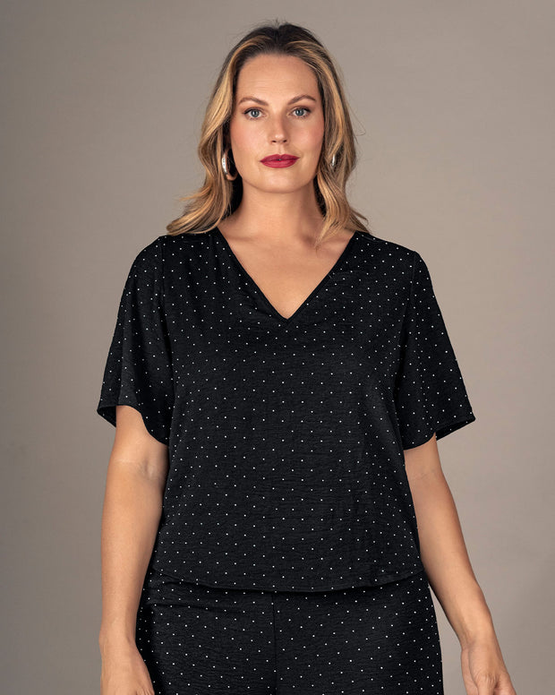 Blusa manga corta con apliques brillantes