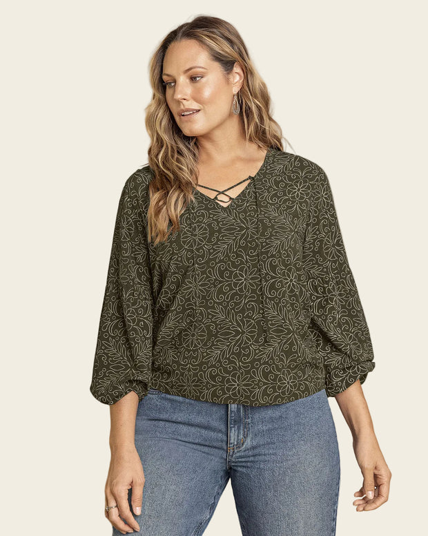 Blusa manga larga con tiras en escote en V