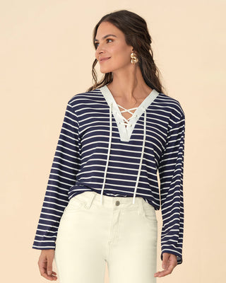 Camiseta manga larga con escote en V y tiras decorativas#color_034-azul-raya