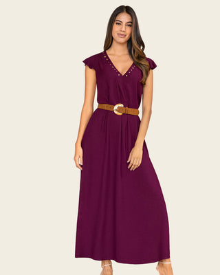 Vestido largo con taches y ojaletes metálicos#color_c37-borgona