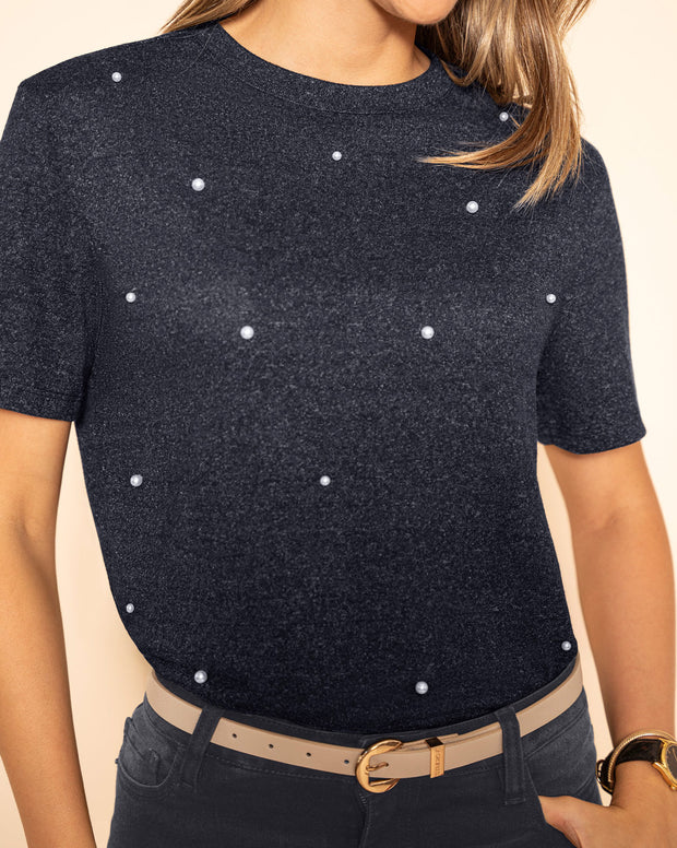 Camiseta manga corta con apliques de perlas