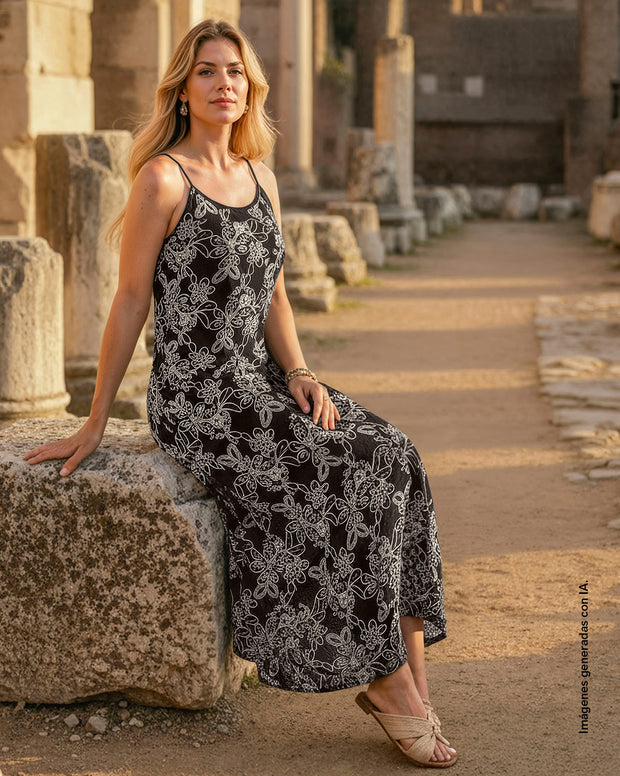 Vestido largo en tela bordada