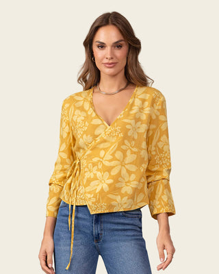 Blusa manga larga de diseño cruzado en frente#color_100-flores-amarillas