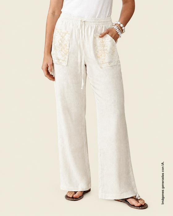 Pantalón bota recta con bolsillos bordados#color_018-marfil