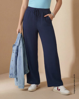 Pantalón de silueta amplia en tela craquelada#color_c42-azul-oscuro