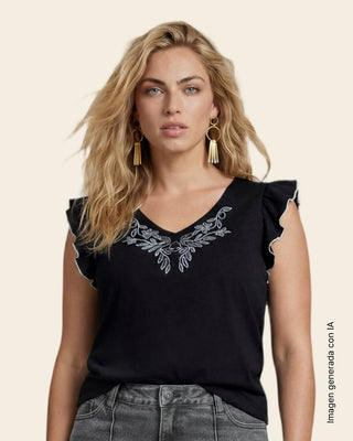 Camiseta de mangas con vuelo y estampado localizado#color_700-negro