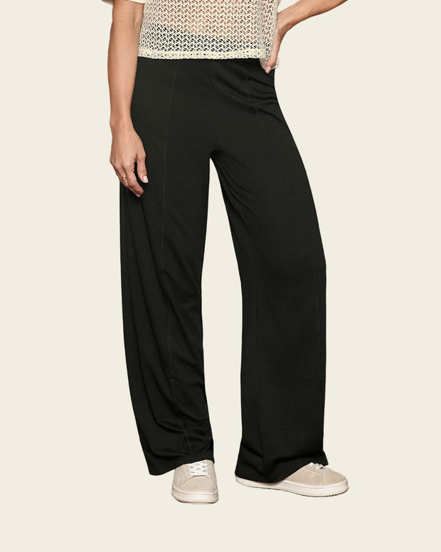 Pantalón bota recta con elástico en cintura y costuras decorativas
