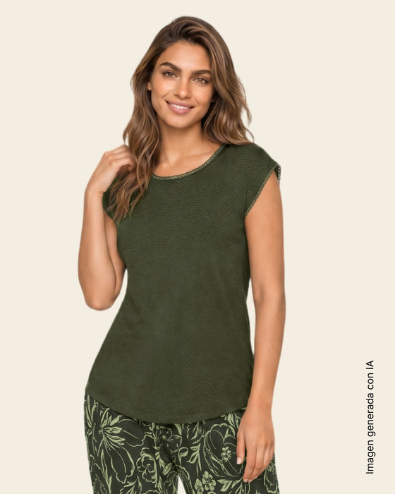 Camiseta de algodón con detalle en encaje#color_a91-verde-militar