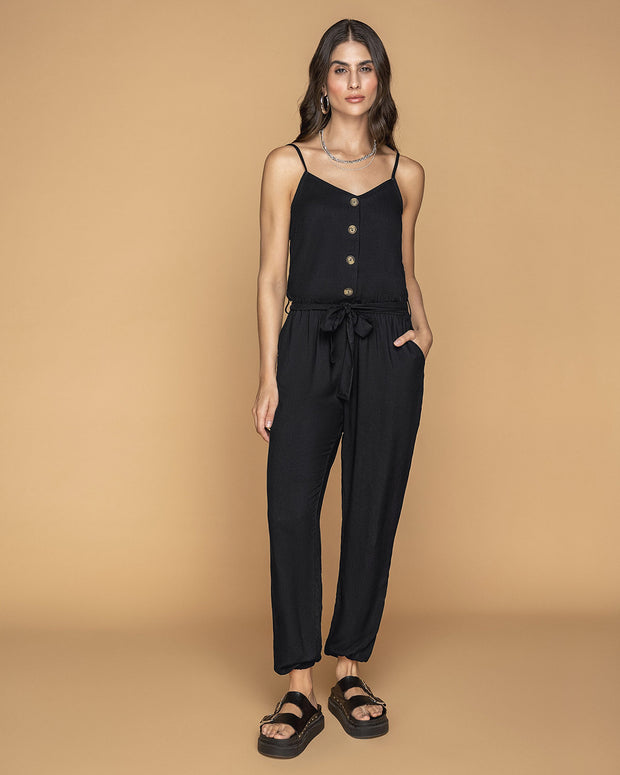 Enterizo tiritas escote en V con resorte y tira para anudar en cintura