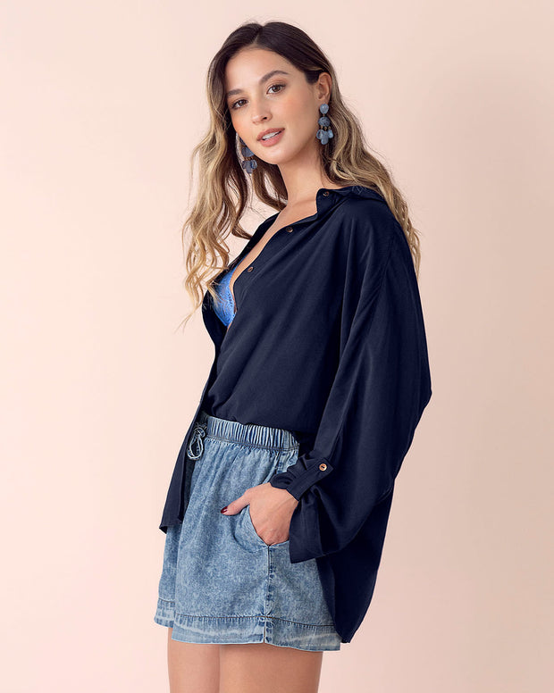 Blusa manga larga abotonable con charreteras en mangas