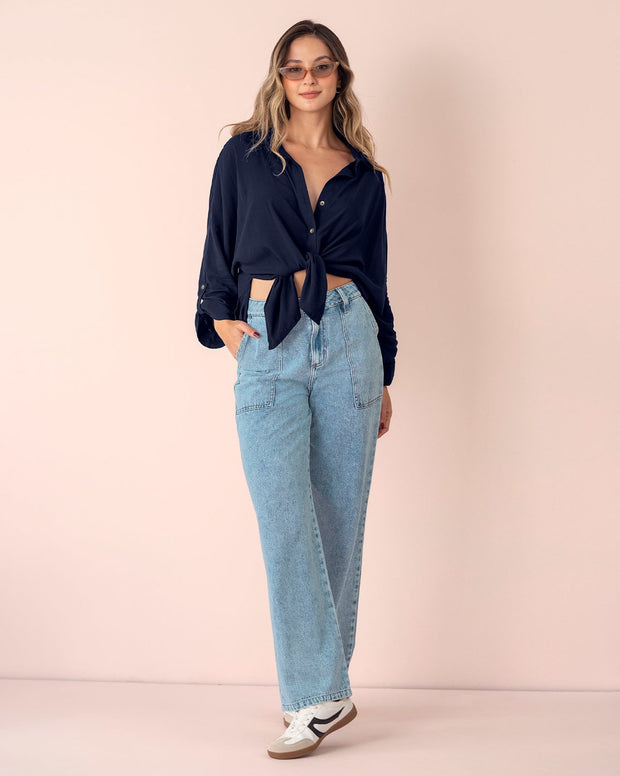 Blusa manga larga abotonable con charreteras en mangas