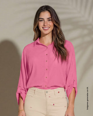 Blusa manga larga abotonable con charreteras en mangas#color_c29-fucsia