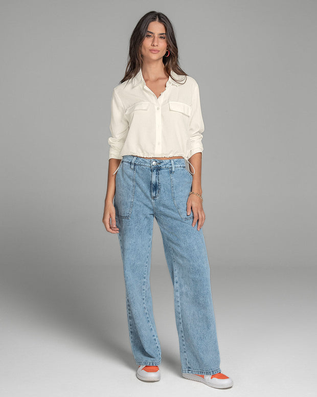 Blusa manga larga con perilla funcional y elástico en ruedo