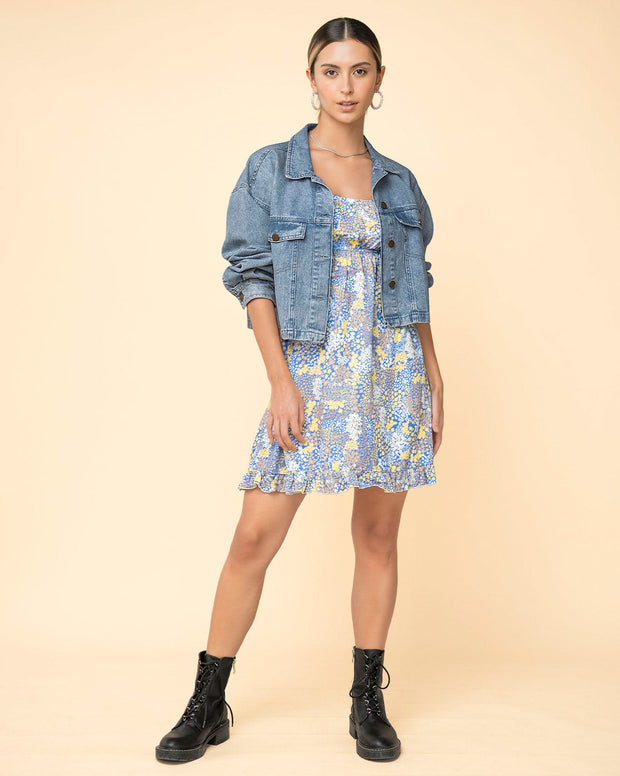 Vestido corto con escote cuadrado y manga bombacha
