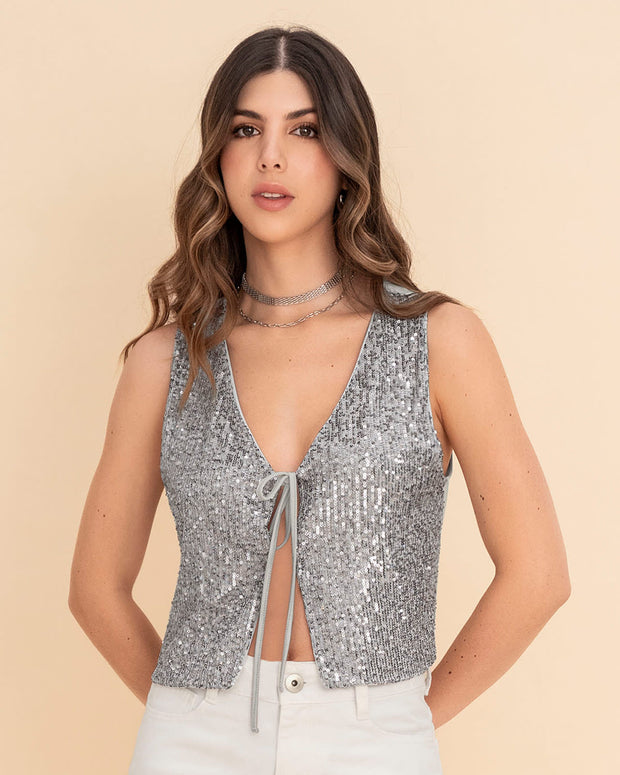 Chaleco de lentejuelas con tiras para anudar en frente