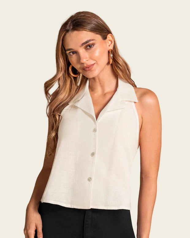 Blusa manga sisa cuello tipo halter con solapa