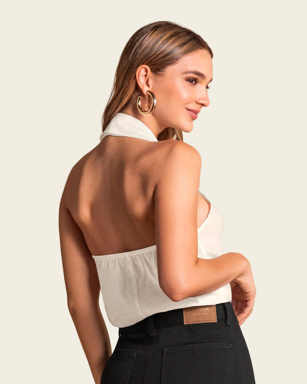 Blusa manga sisa cuello tipo halter con solapa