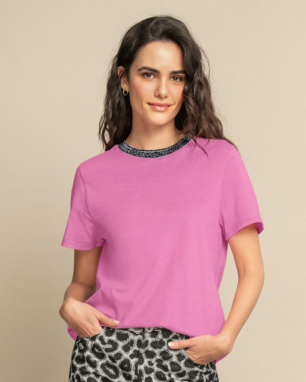 Camiseta manga corta con cuello en lurex brillante