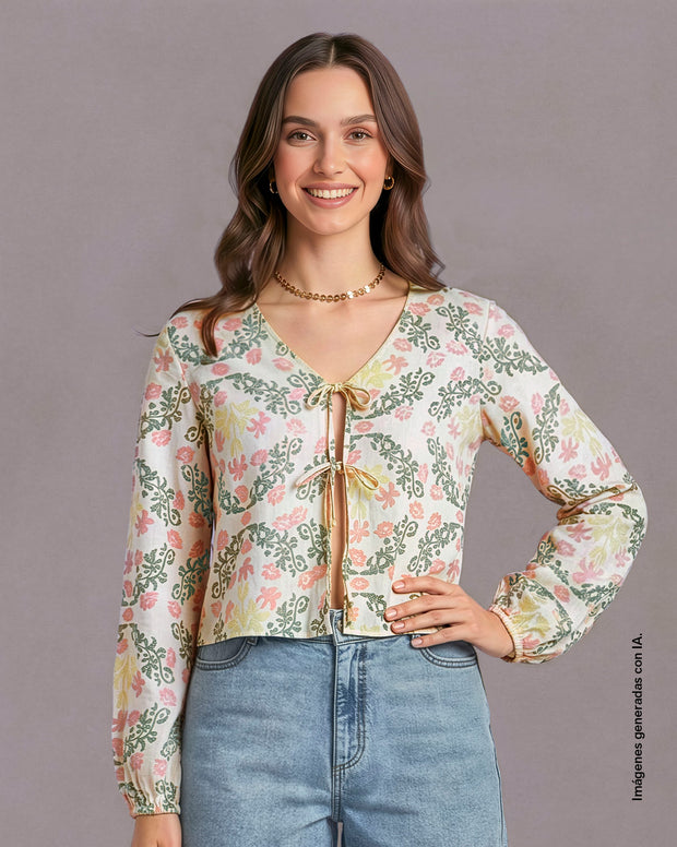 Blusa manga larga con tiras anudables en frente
