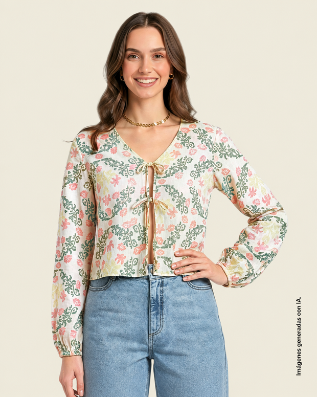 Blusa manga larga con tiras anudables en frente
