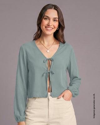 Blusa manga larga con tiras anudables en frente#color_408-azul-grisaceo-claro
