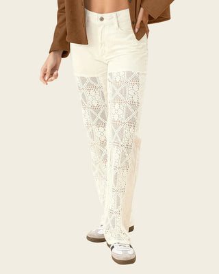Pantalón bota ancha con detalle de aplique tejido en frente#color_018-marfil