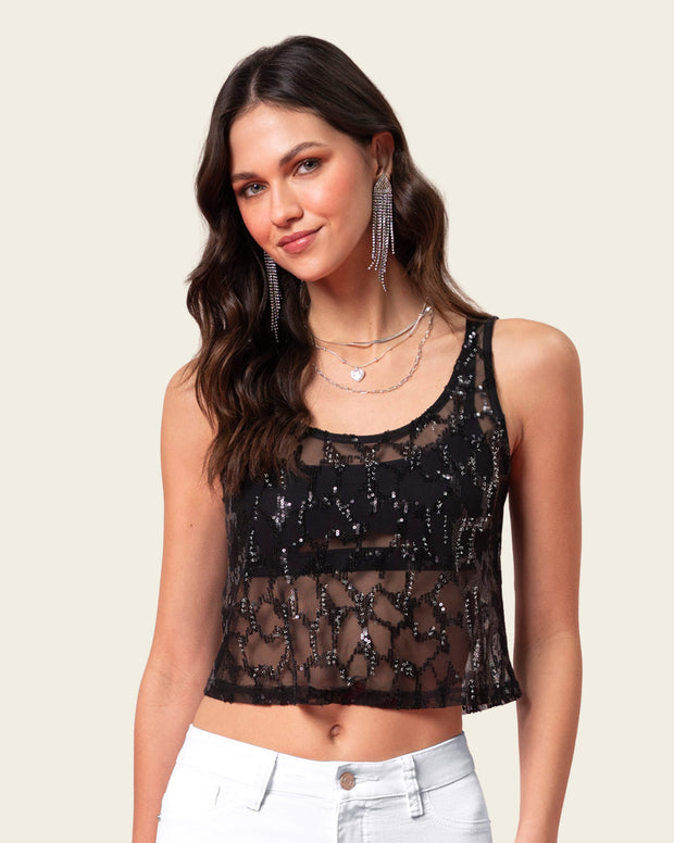 Blusa manga sisa con transparencias y lentejuelas