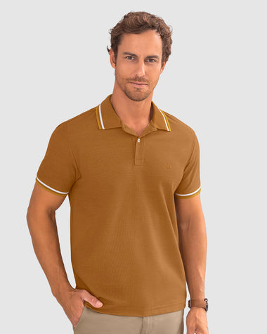 Camiseta tipo polo con cuello y mangas tejidas#color_c18-mostaza