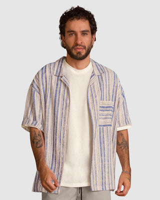 Camisa manga corta en tela tipo lino#color_517-azul