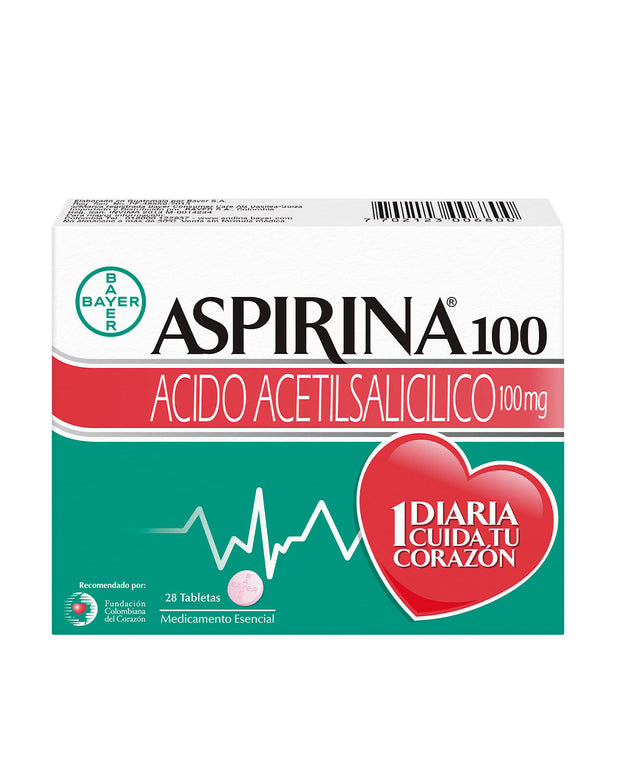 Aspirina 100 mg ácido acetilsalicílico cardiovasculares caja x 28 tabletas