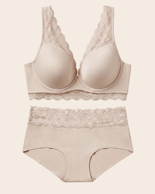 Deep Coverage Bra + Panty hípster en tela ultraliviana en Café Claro