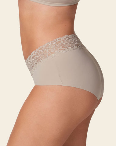 Panty hipster en tela ultraliviana con franja de encaje#color_802-cafe-claro
