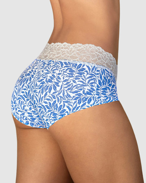 Panty hípster en tela ultraliviana con franja de encaje#color_b77-marfil-estampado-hojas-azules