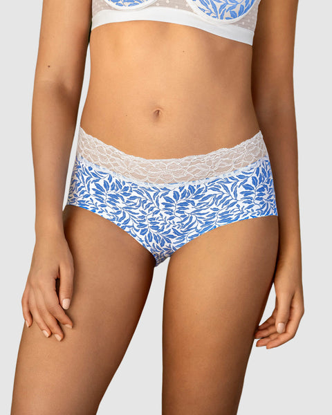 Panty hípster en tela ultraliviana con franja de encaje#color_b77-marfil-estampado-hojas-azules