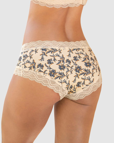Panty hípster tiro medio en tela lisa y encaje#color_b96-fondo-marfil-estampado