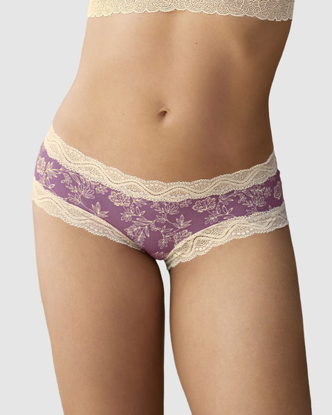 Panty hípster tiro medio en tela lisa y encaje#color_b97-fondo-morado-estampado