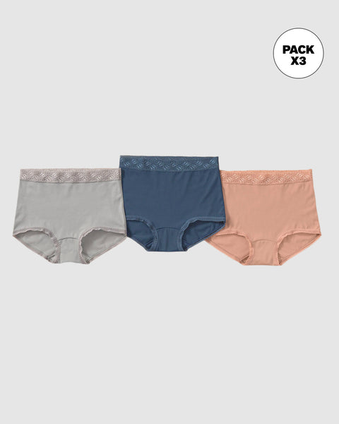 Paquete x 3 panties clásicos con toques de encaje#color_s21-rosado-azul-gris