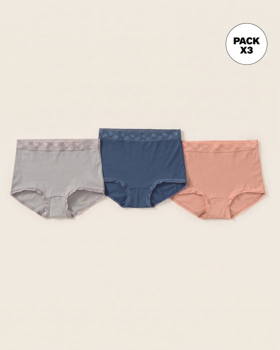 Paquete x 3 panties clásicos con toques de encaje#color_s21-rosado-azul-gris