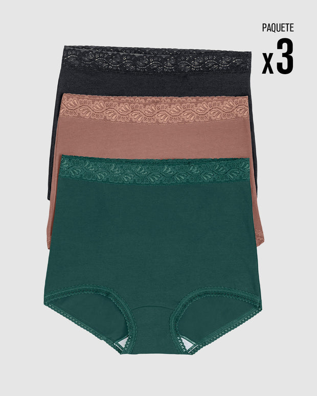Paquete x 3 panties clásicos con toques de encaje#color_s23-verde-negro-salmon